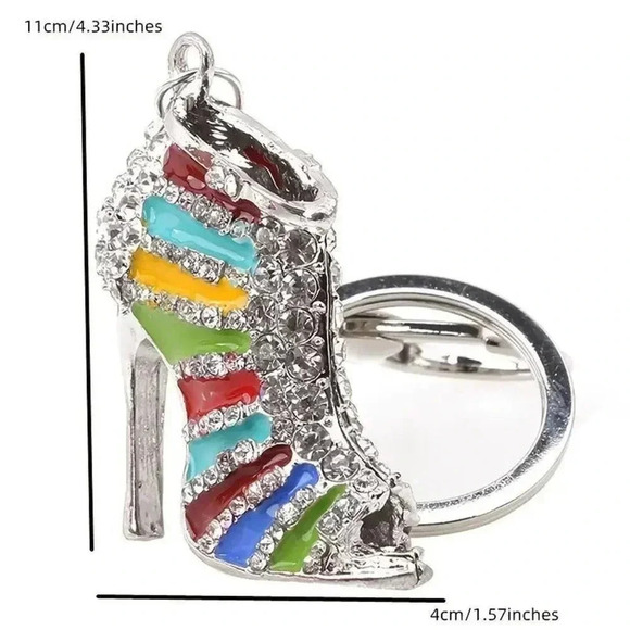 Multicolor Heels Pumps Crystal Rhinestones Silvertoned Handbag Charm Keychain - Picture 4 of 4